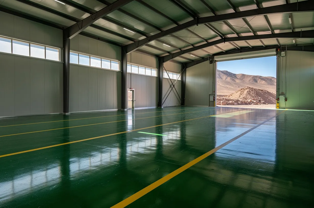 Piso epóxico verde con pasillos amarillos en una nave industrial