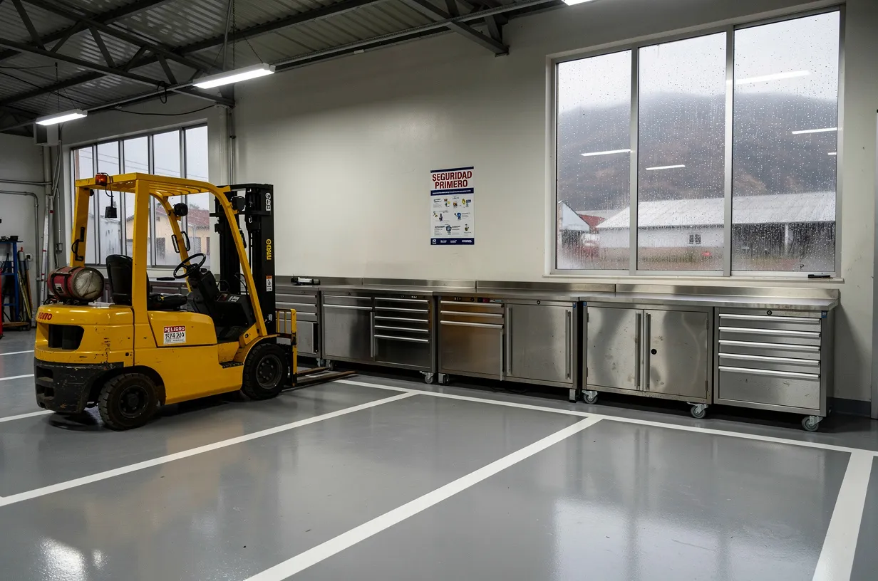Piso industrial gris medio con grúa horquilla estacionada en un taller de mantención