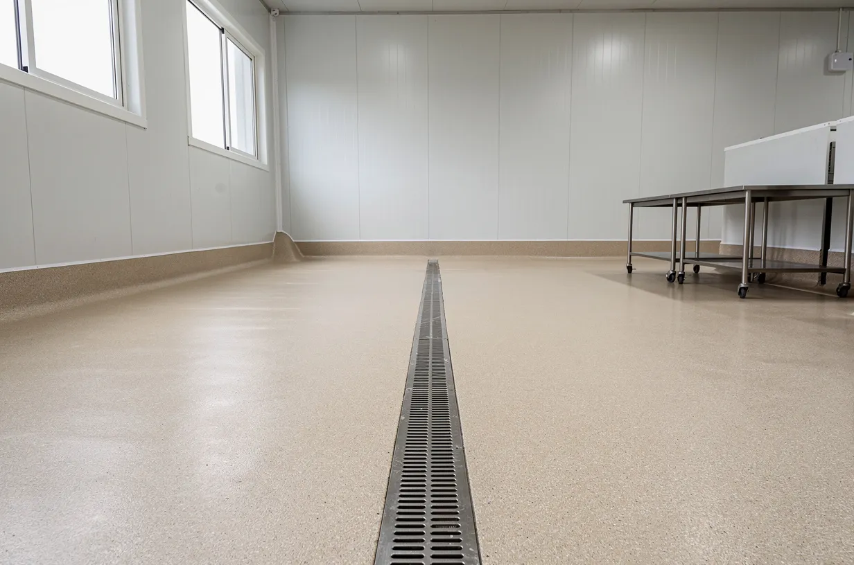 Piso de mortero epóxico con cuarzo beige antideslizante y canaleta central en una sala de procesos